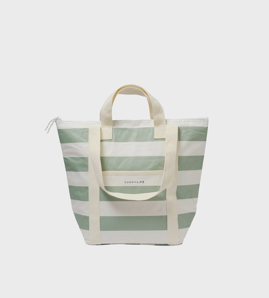 Striped tote bag with a visible brand logo on a white background
