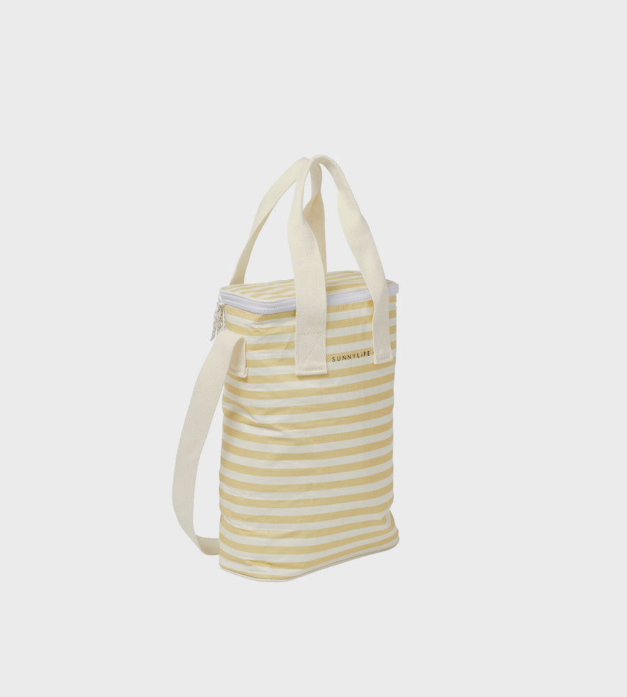 Yellow striped tote bag with a white strap on a light gray background