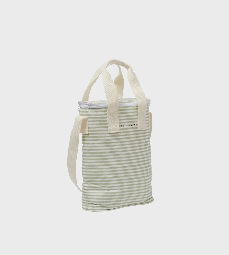Light green striped tote bag with a strap on a white background