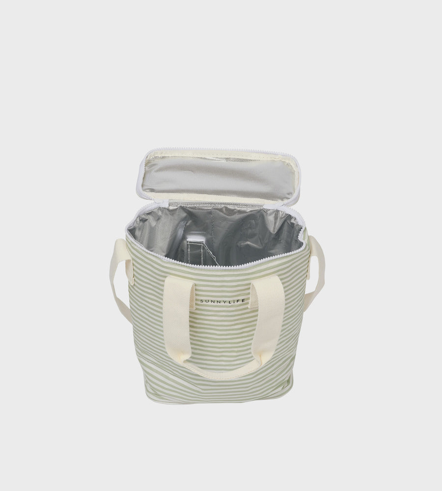 Light green woven cooler bag with white handles on a light gray background