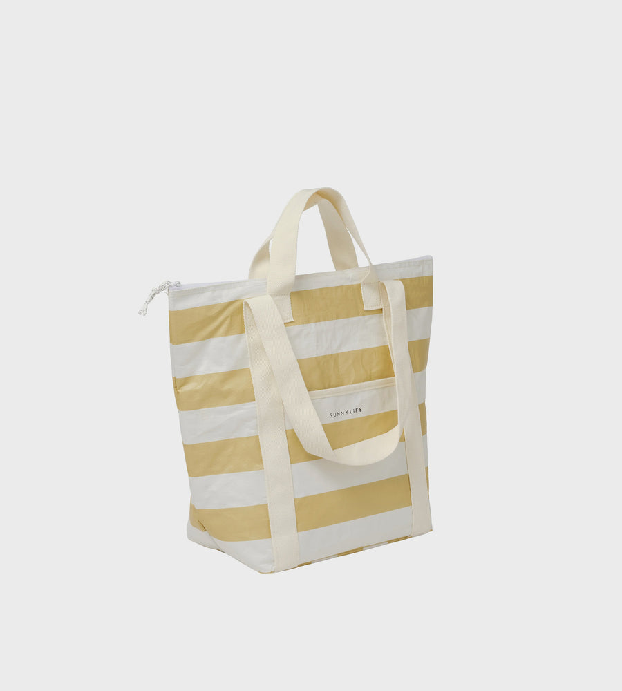 Yellow and white striped tote bag on a light gray background