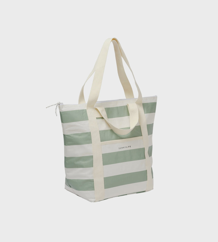 Green and white striped tote bag on a light gray background