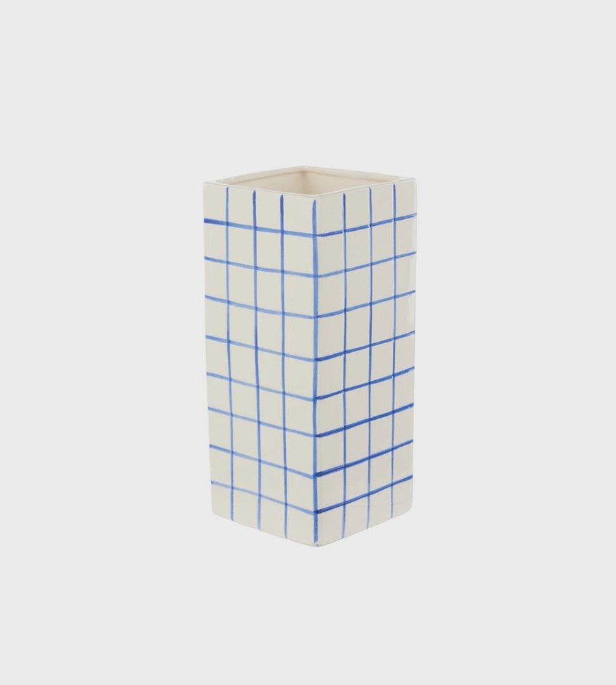 Rectangular vase with blue grid pattern on a white background