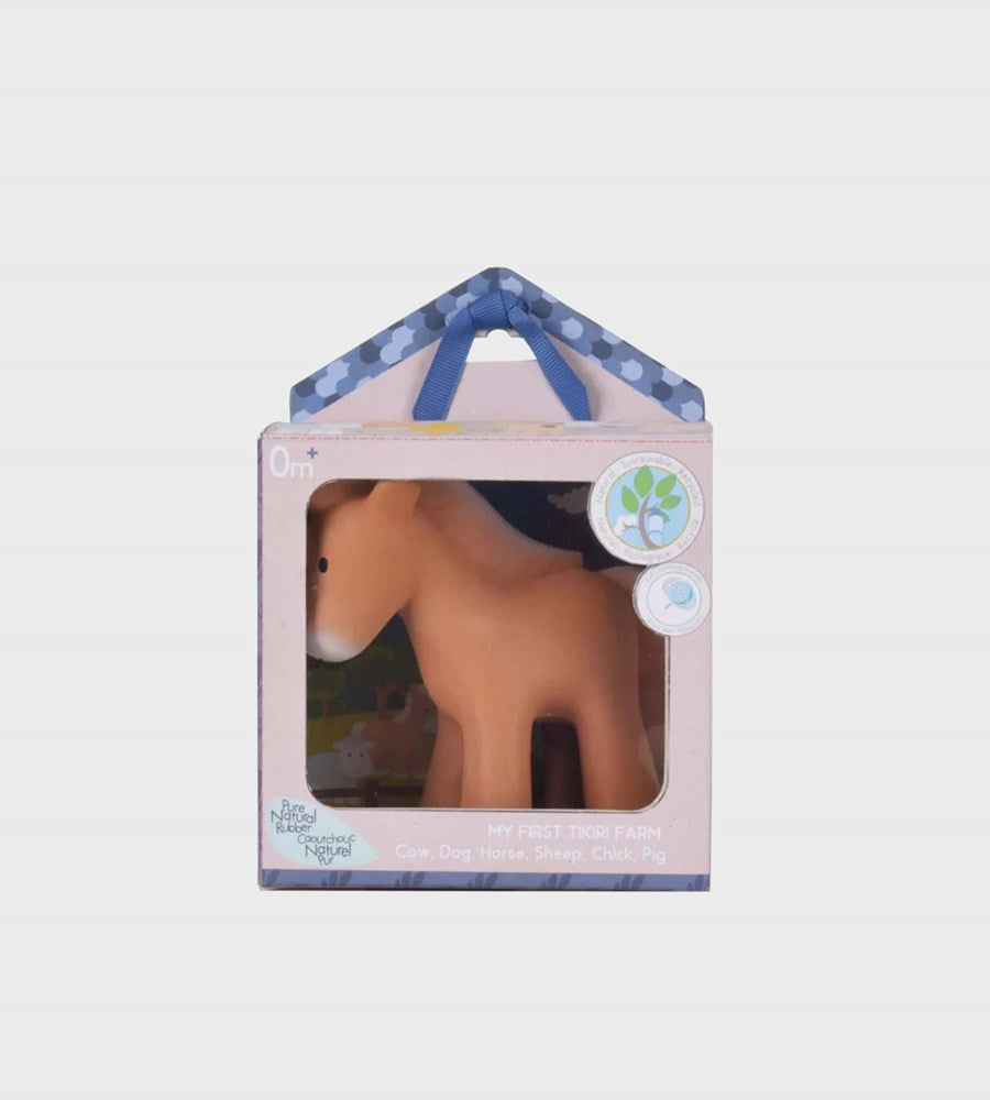 Brown horse toy in a packaging box with a blue handle on a light gray background