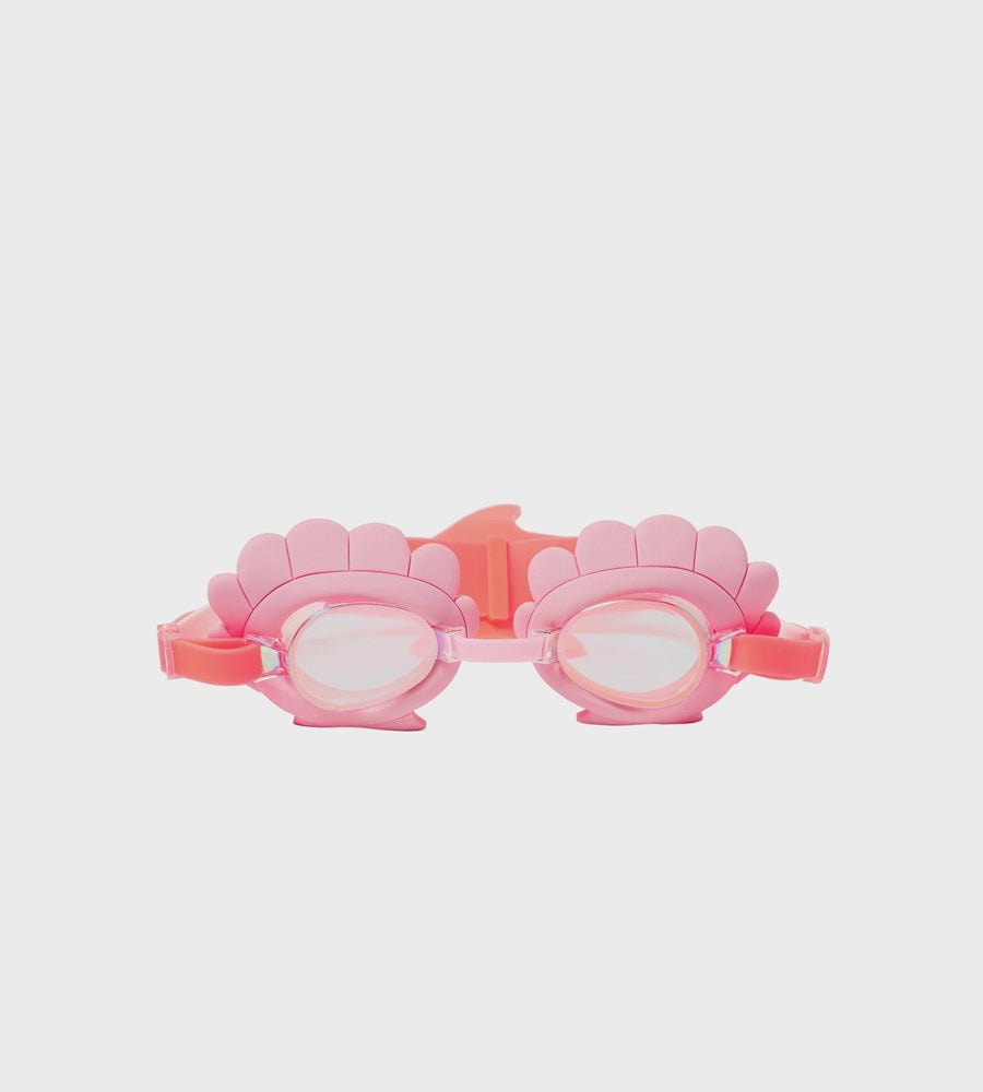 Pink shell-shaped goggles on a light pink background