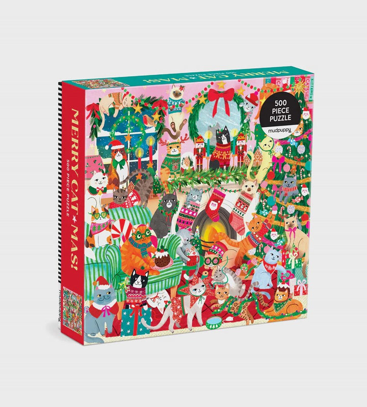 Jigsaw puzzle box with Christmas-themed design of cats in various festive scenarios