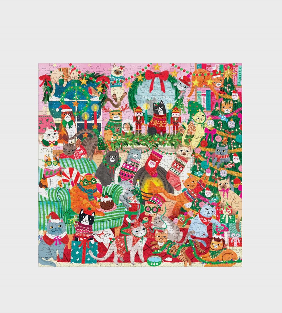 Christmas-themed puzzle with various cats in festive outfits on a white background