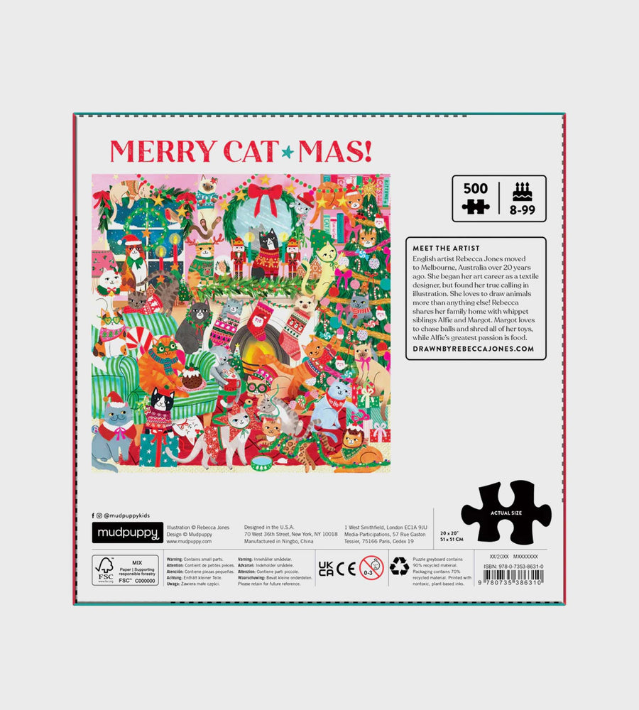 Jigsaw puzzle packaging with Christmas-themed design and text 'Merry Cat Mas!'.