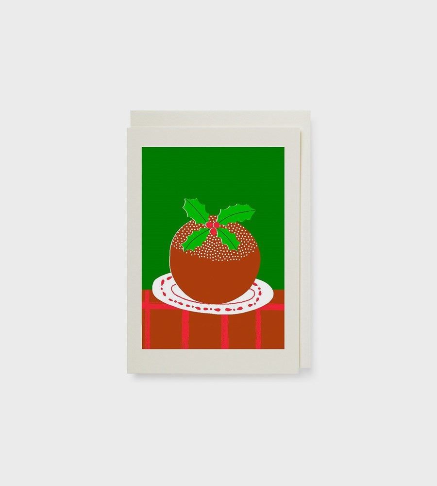 Festive card with a Christmas pudding design on a green background