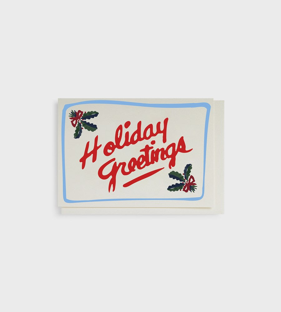 Holiday greeting card with 'Holiday Greetings' text on a white background