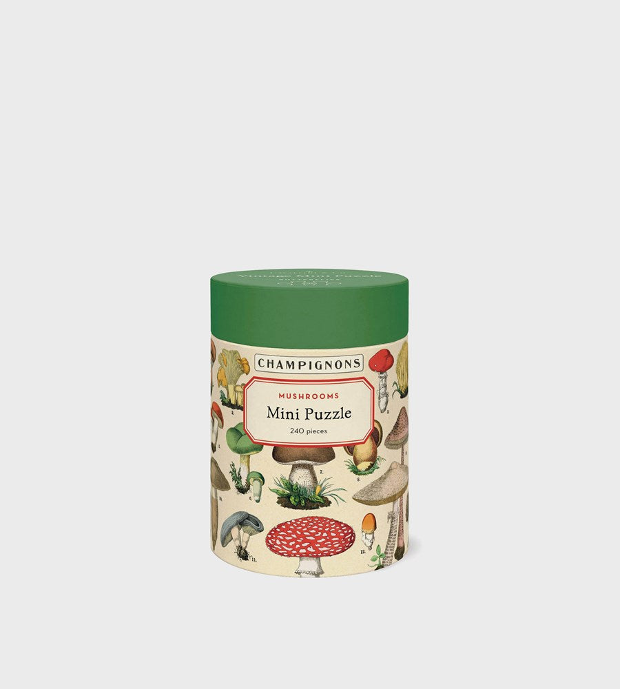  cylindrical packaging with mushroom illustrations and text on a white background