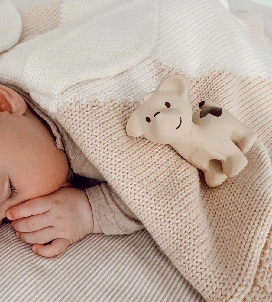 Baby lying on a soft blanket with a toy bear next to them