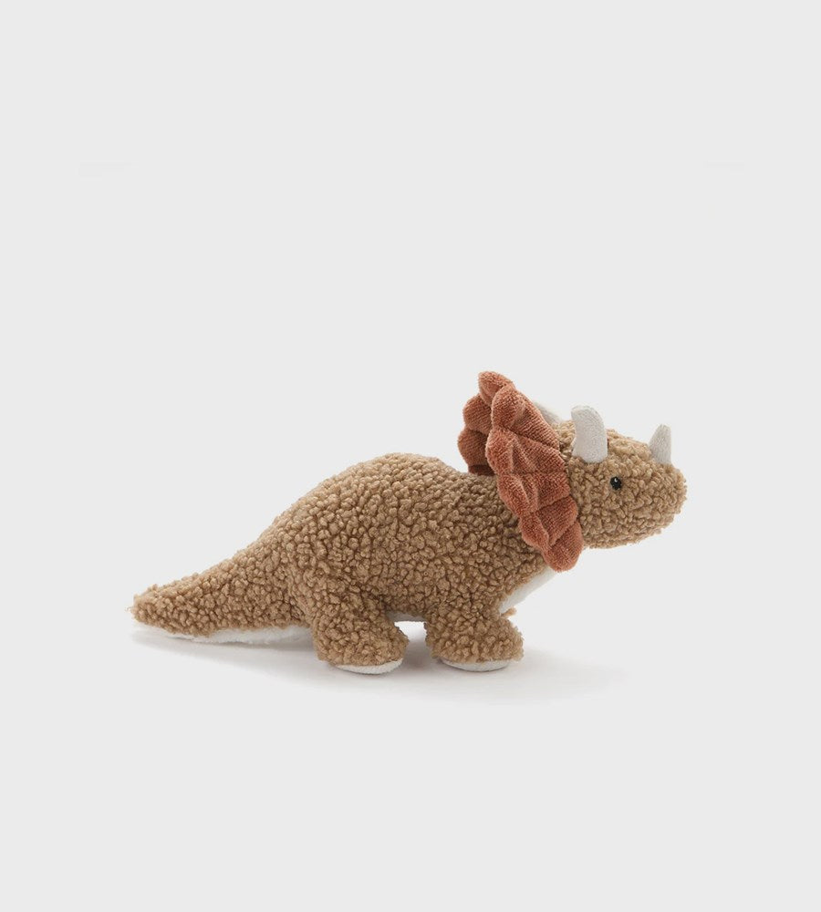 Plush triceratops toy on a white background