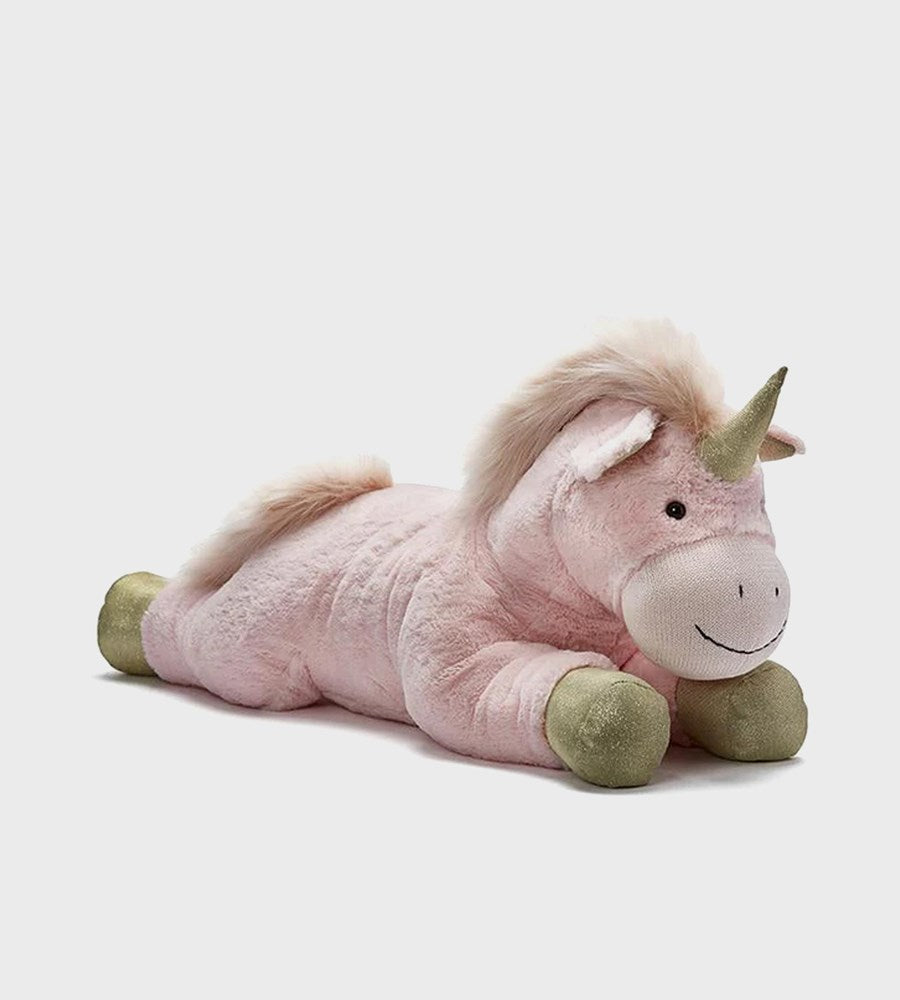Pink plush unicorn toy on a light gray background