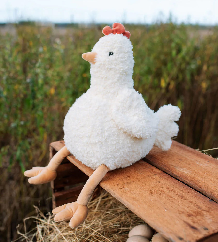 Plush chicken toy on a wooden platform with a natural background