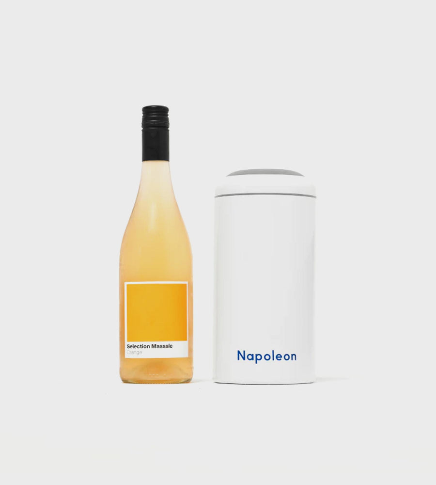 Wine bottle with a yellow label and white container labeled 'Napoleon' on a light gray background