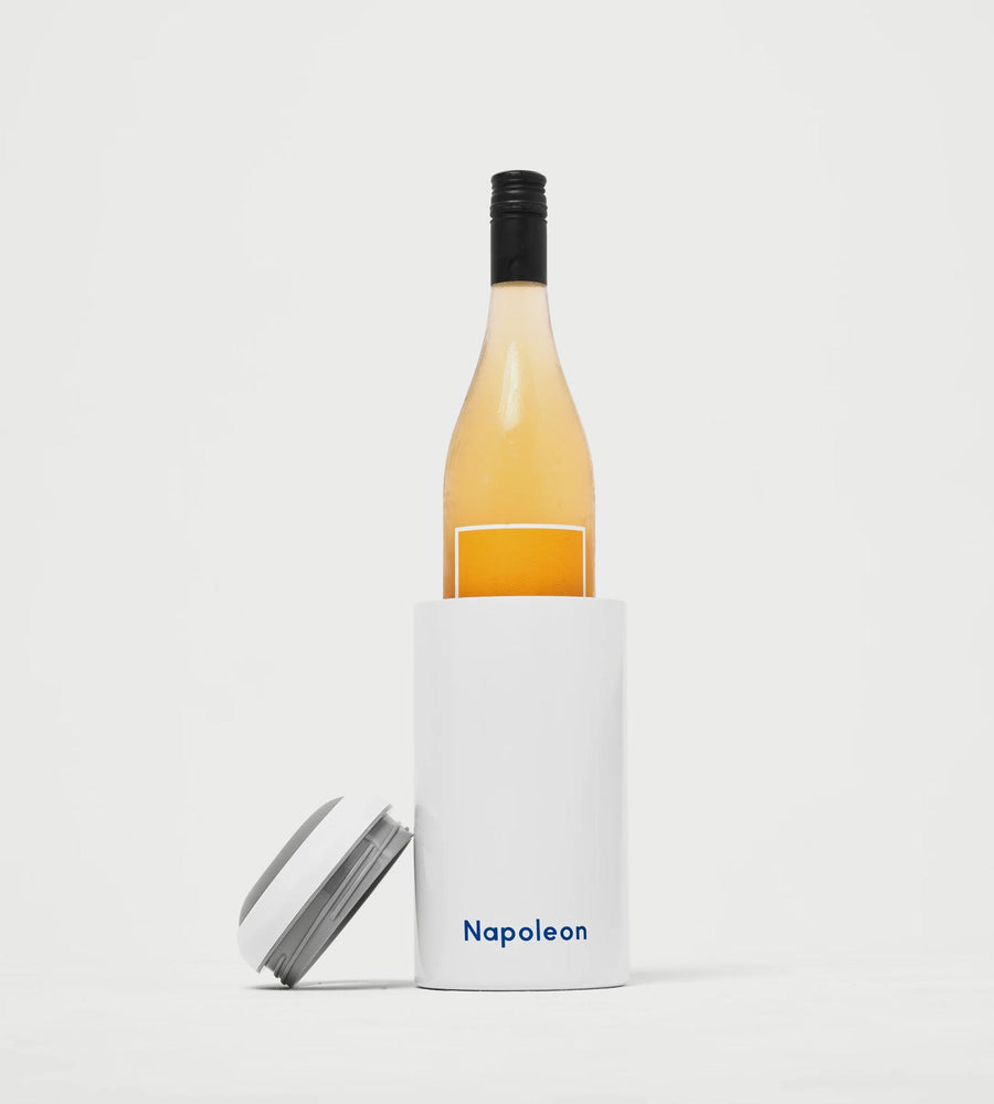 Wine bottle with a white sleeve labeled 'Napoleon' on a light gray background