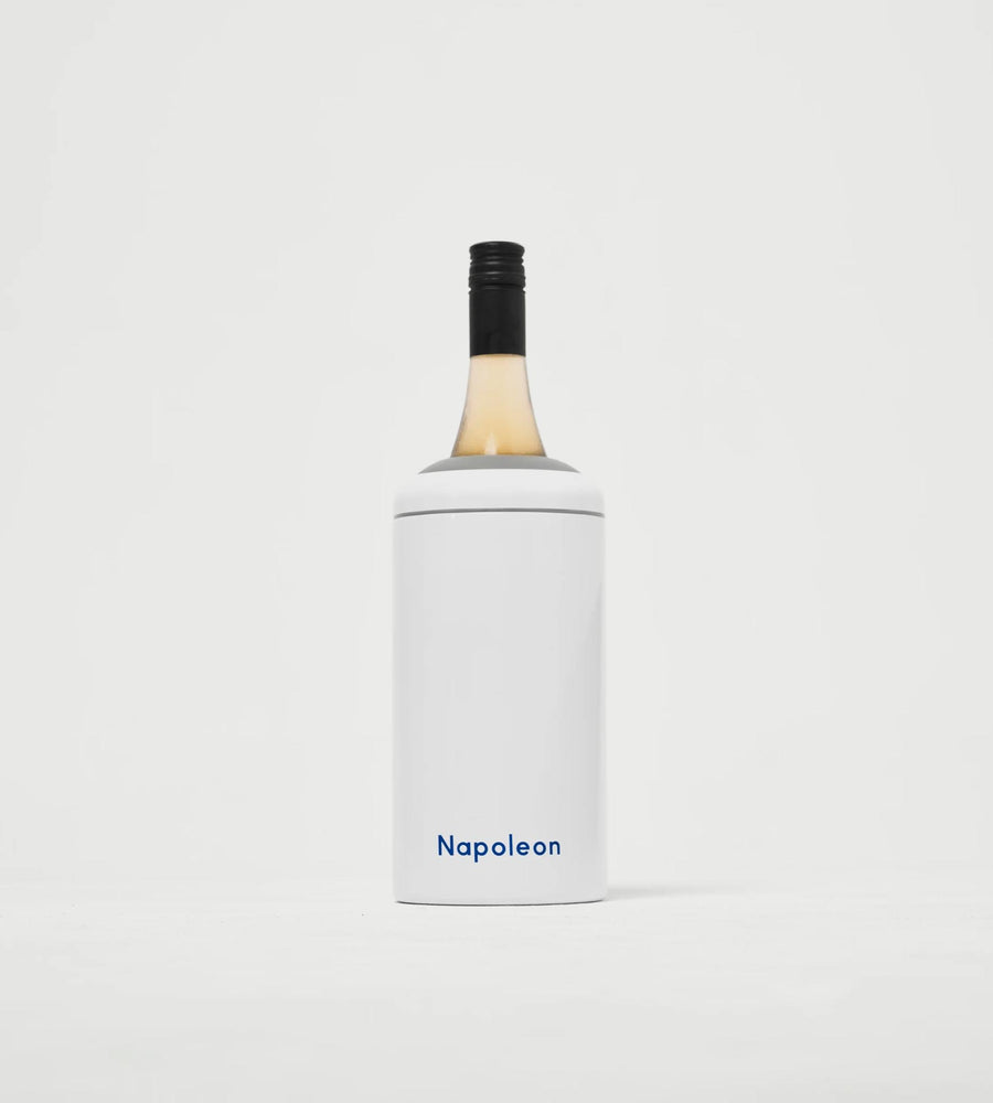 Wine bottle with a white cooler labeled 'Napoleon' on a light gray background
