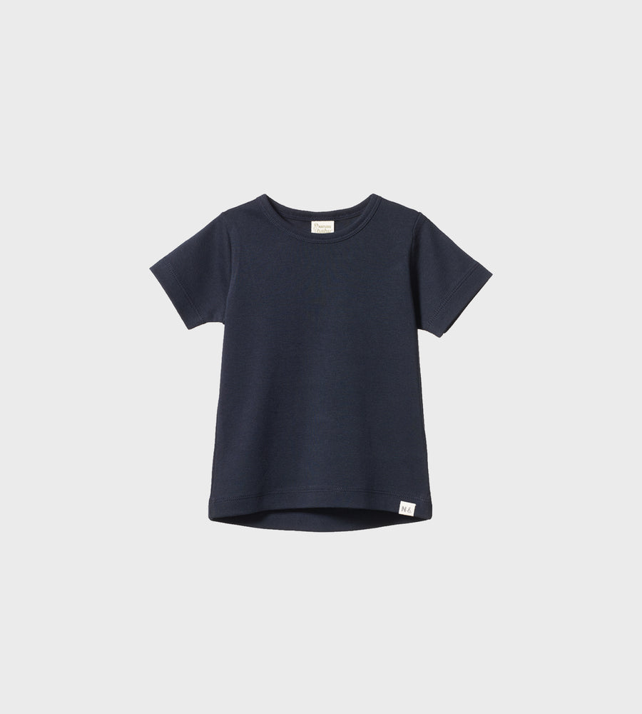 Navy blue t-shirt on a light gray background