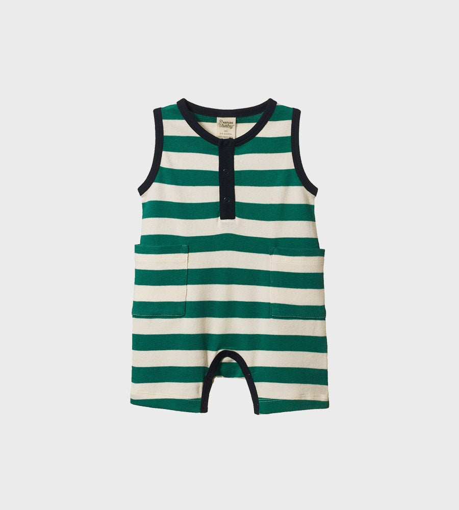 Green and white striped baby romper on a light gray background