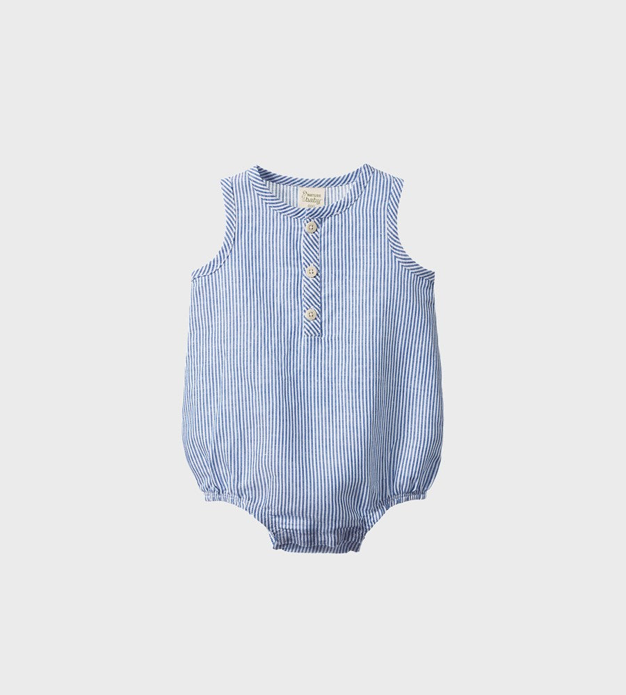 Blue and white striped baby romper on a light gray background