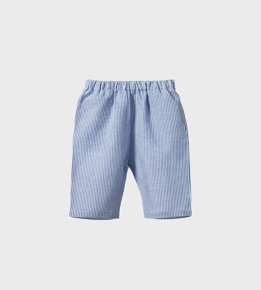 Blue striped shorts on a light gray background
