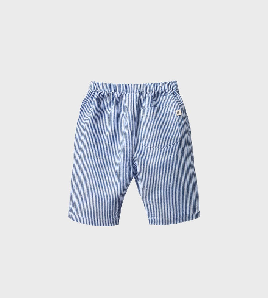 Blue striped shorts on a light gray background