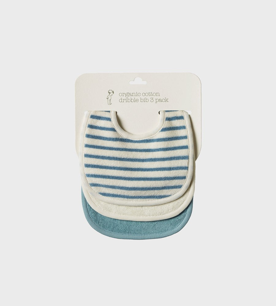 Two baby bibs with blue and white stripes on a white background