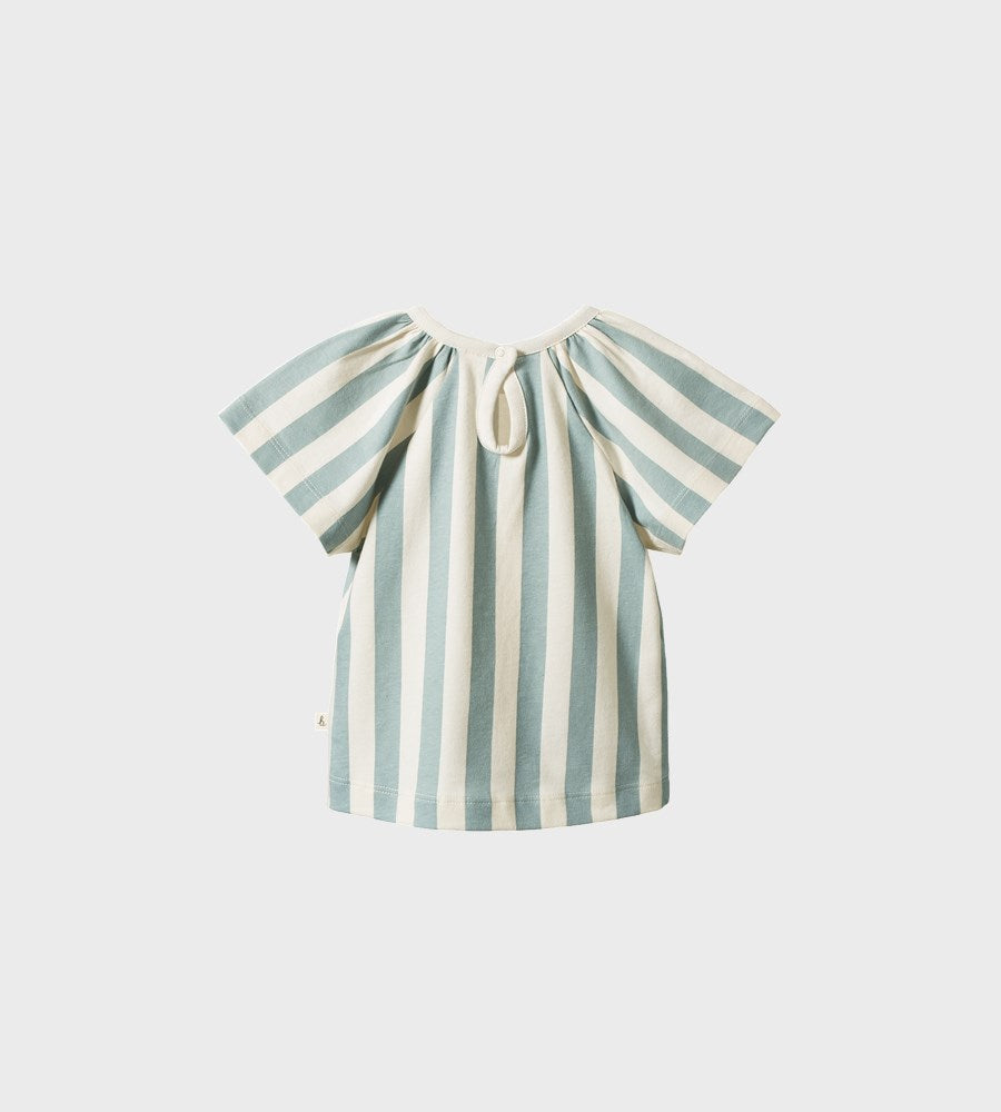 Striped blouse with puff sleeves on a light gray background