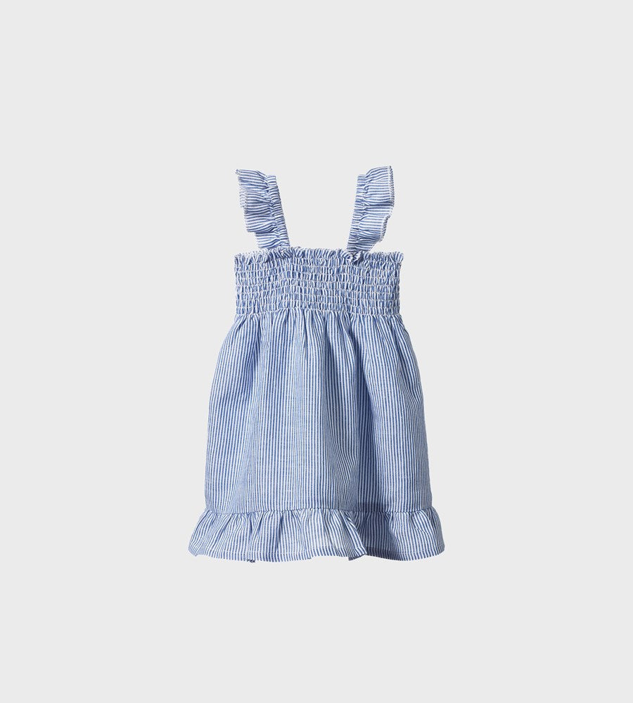 Blue and white striped dress with ruffled details on a light gray background