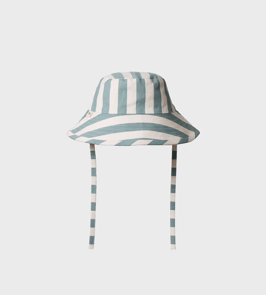 Striped bucket hat with chin straps on a light gray background