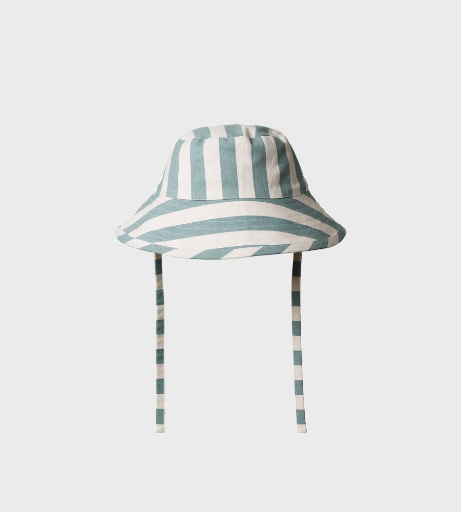 Striped bucket hat with chin strap on a light gray background