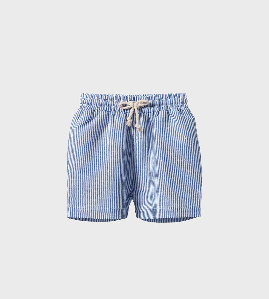 Blue and white striped shorts on a light gray background