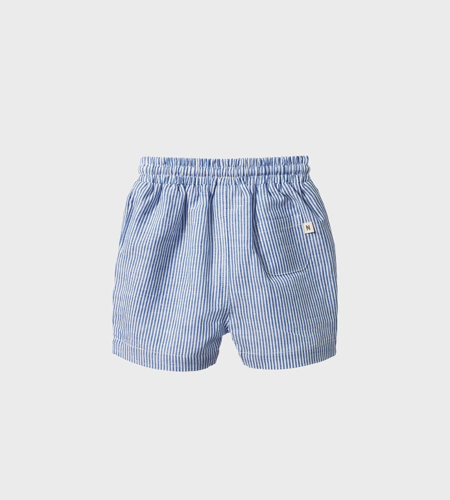 Blue striped shorts on a light gray background