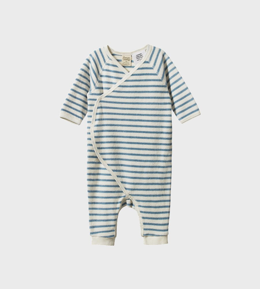 Blue and white striped baby romper on a white background