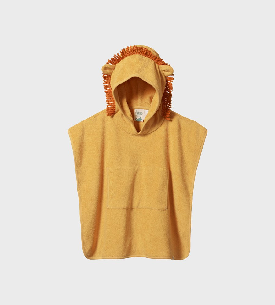Yellow hooded poncho with orange trim on a light gray background