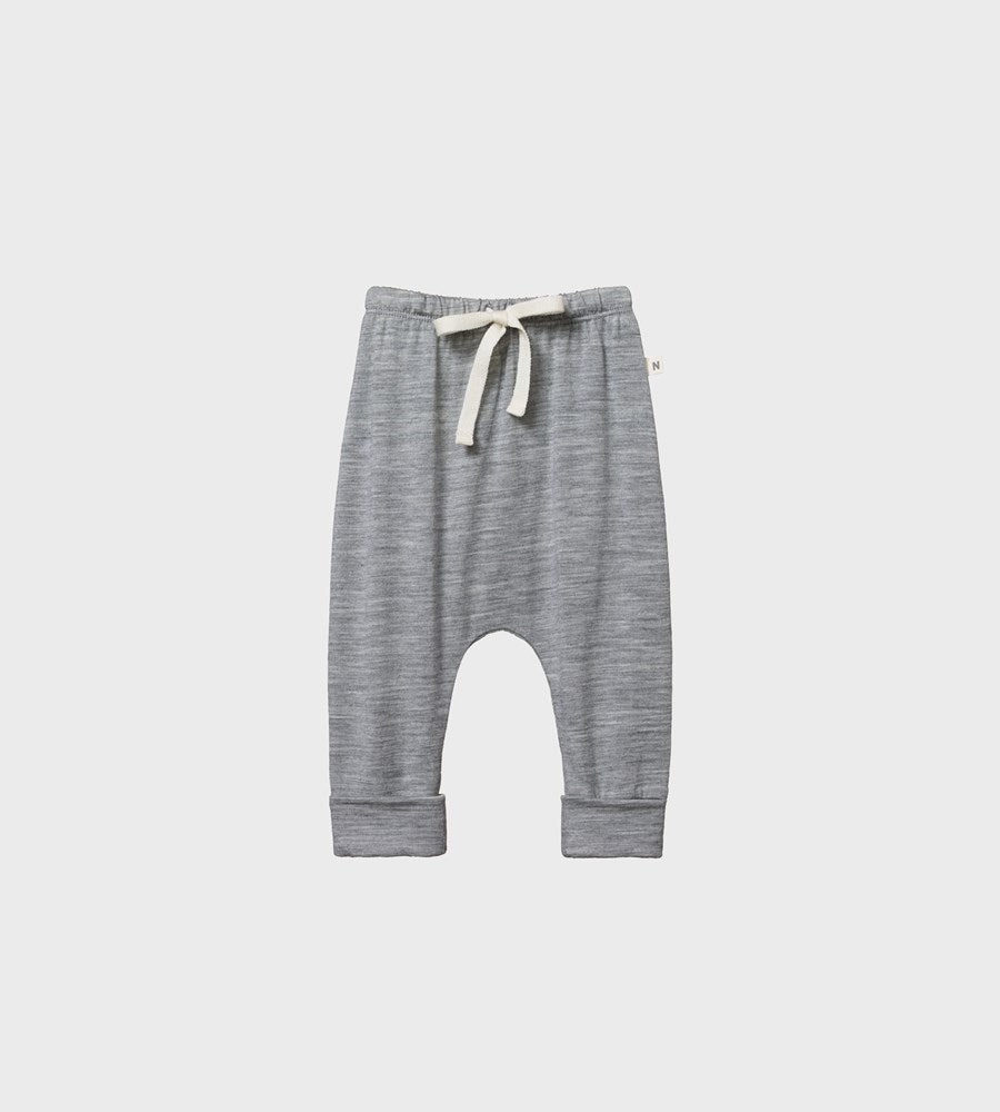Gray baby jogger pants with a white drawstring on a light gray background