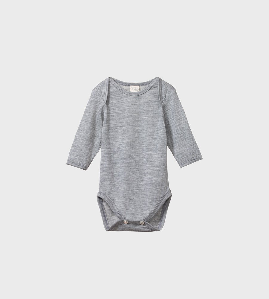 Gray baby bodysuit with long sleeves on a white background