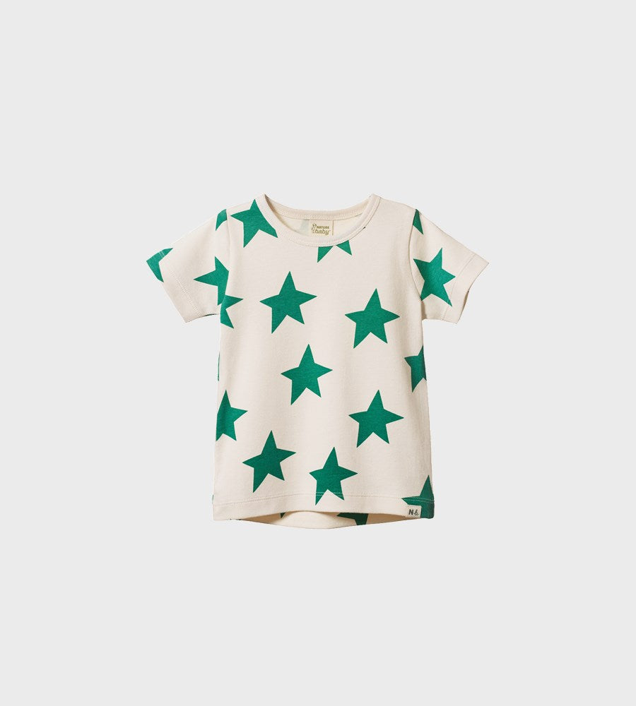 White t-shirt with green star pattern on a white background