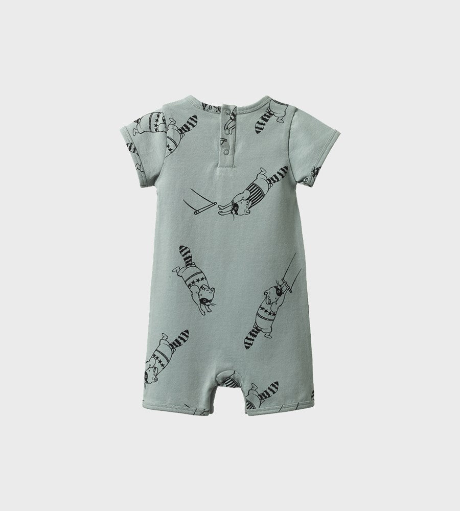 Light blue baby romper with printed design on a white background