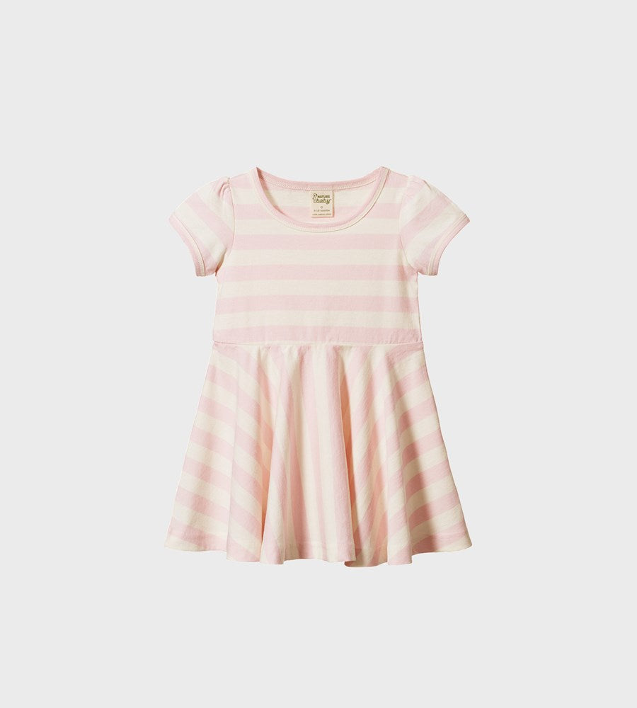 Pink and white striped dress on a light gray background