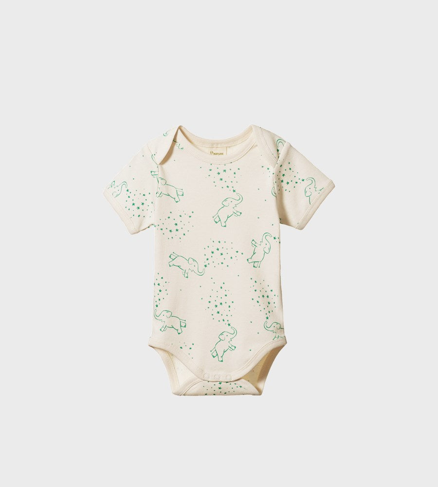 Baby onesie with green animal pattern on a white background