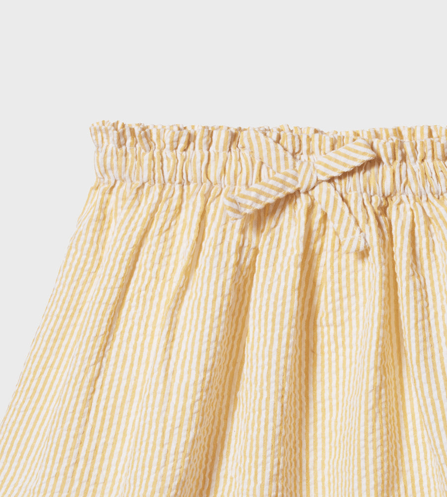 Close-up of a yellow striped skirt on a light gray background
