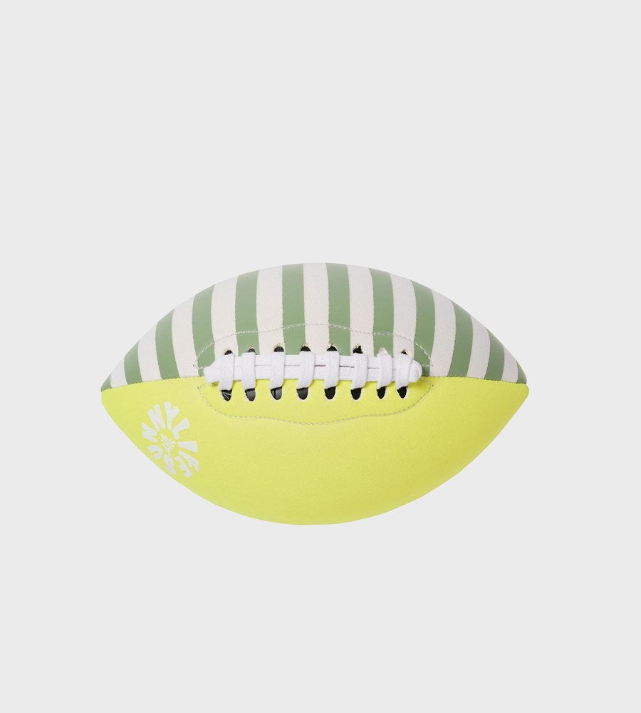 Striped football with green and white pattern on a light gray background