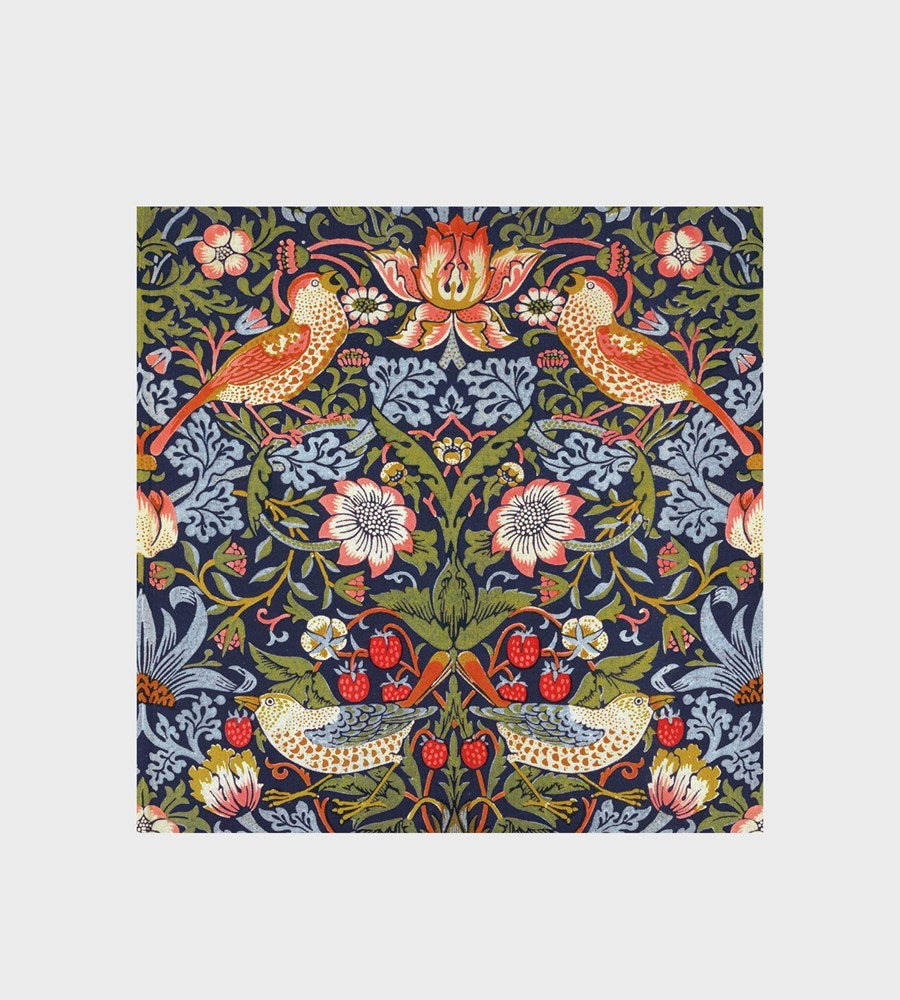 Decorative fabric with a colorful floral and bird pattern on a blue background