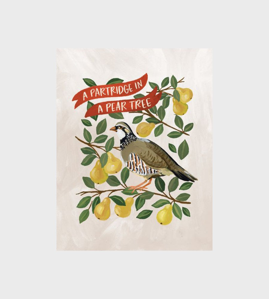 Decorative towel with a partridge and pear tree design on a white background