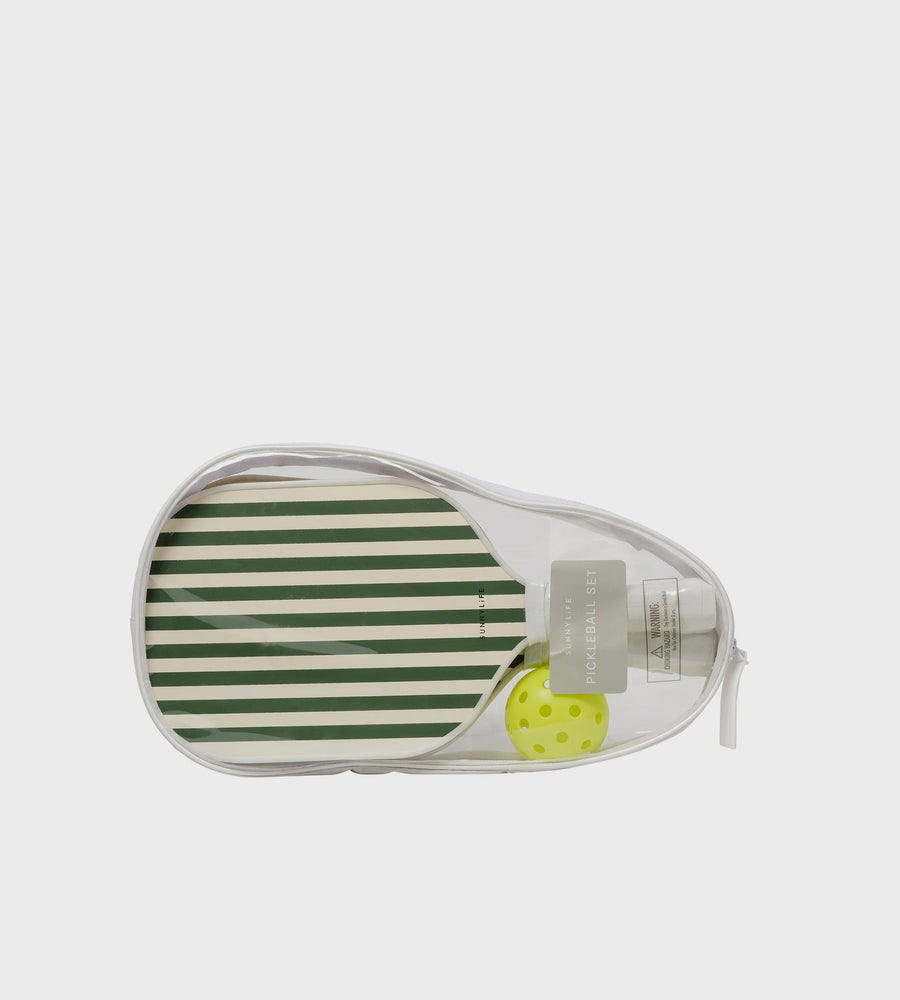 Pickleball paddle with green and white striped design on a white background