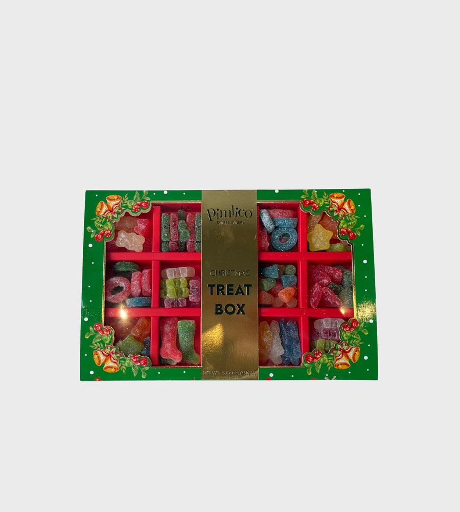 Treat box with colorful gummy bears on a white background
