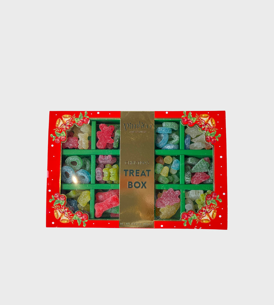 Treat box with colorful gummy bears and a red border on a white background