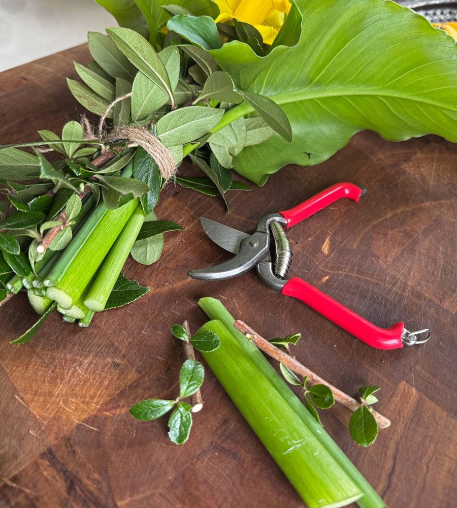 Bouquet of greenery with pruning shears on a wooden surface